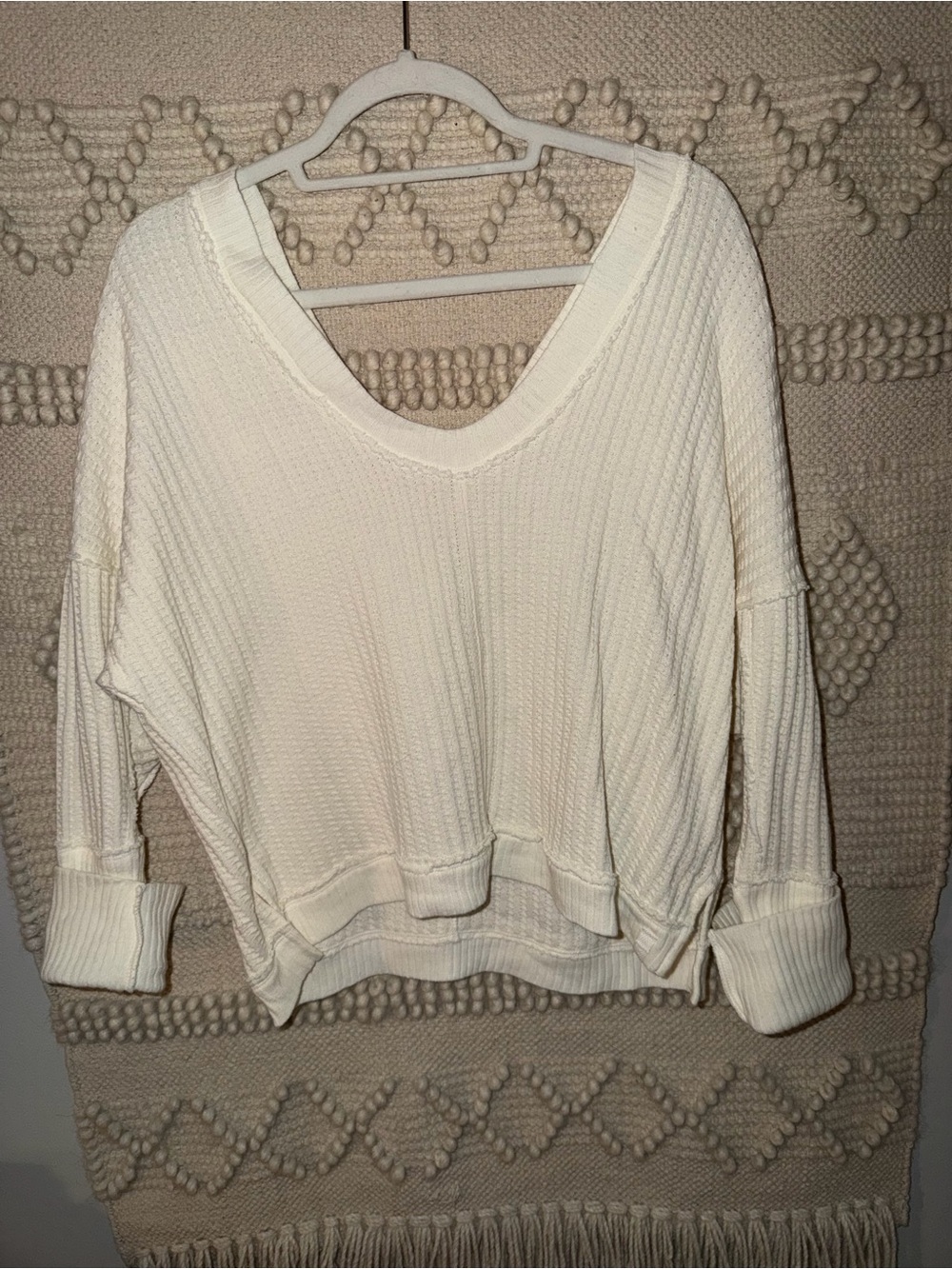 We The Free Off-the-Shoulder Cream Waffle Knit Sweater